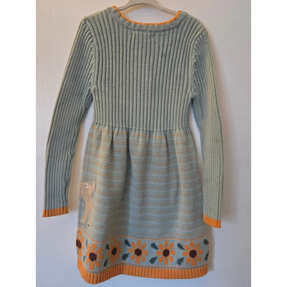 Cynthia Rowley Kids Blue Knit Fawn Deer Sunflower Sweater Dress Size S 5/6